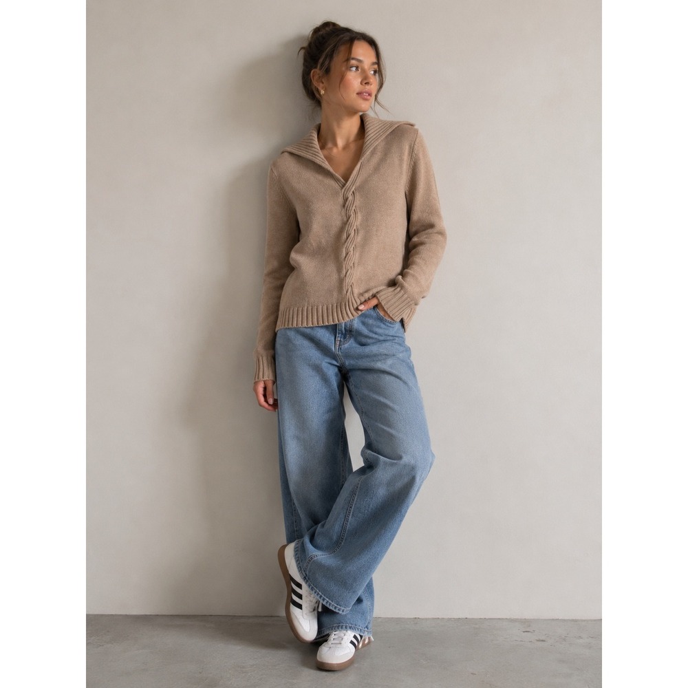 Cable Knit Shawl Collar Sweater Women M Tan Cotton Preppy Old Money Academia